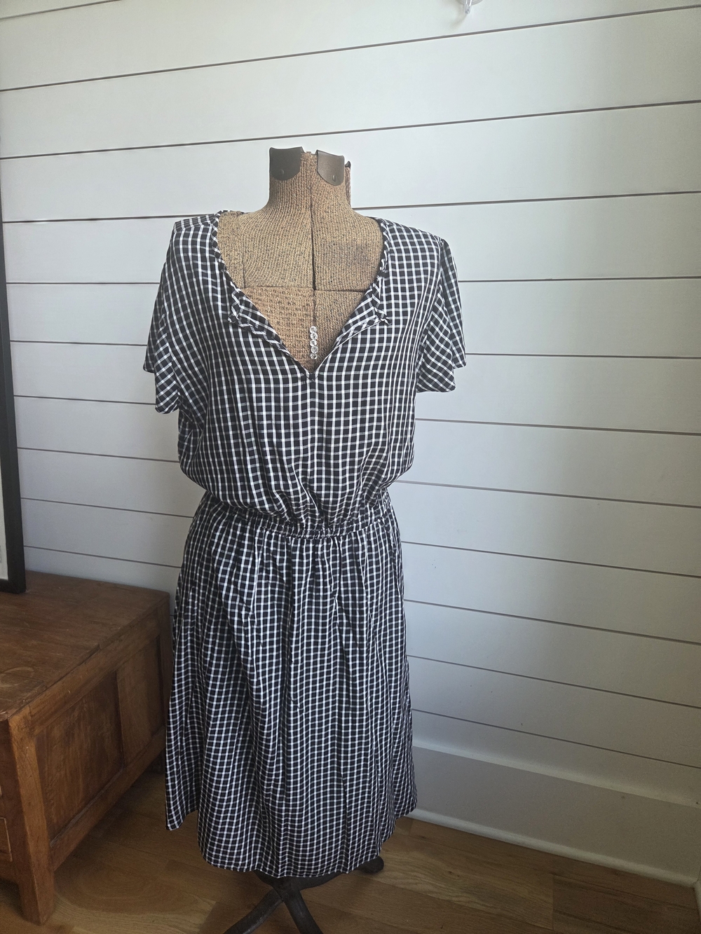 Old Navy Black and White Checked V-Neck Midi Dress
